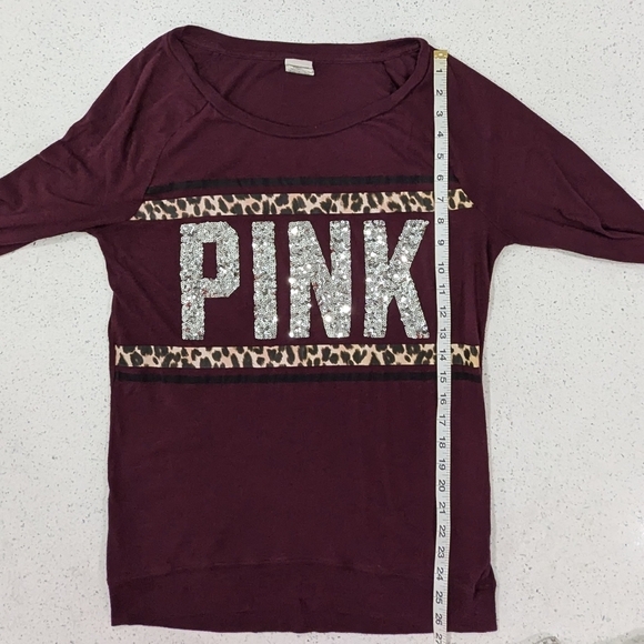 PINK Victoria's Secret Woman Burgundy Long Sleeve Tee T-Shirt Silver Sequins S - Picture 5 of 9